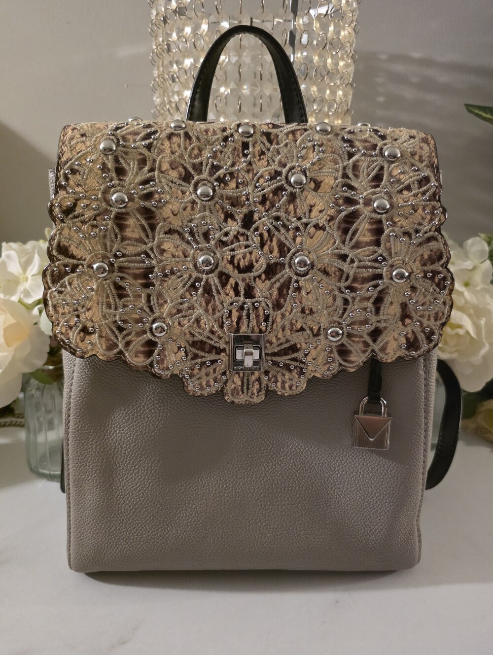 Michael Kors  Backpack with Embroidered Lace Flap  Over Leather and Studs